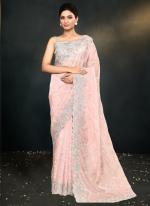 Organza Silk Peach Party Wear Embroidery Work Saree